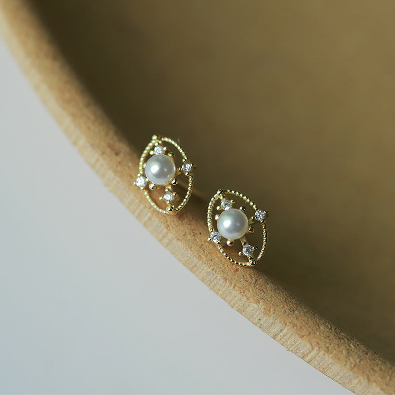 Sterling Silver Pearl & C/Z Stud Earrings 14K Yellow Gold Plated Earrings