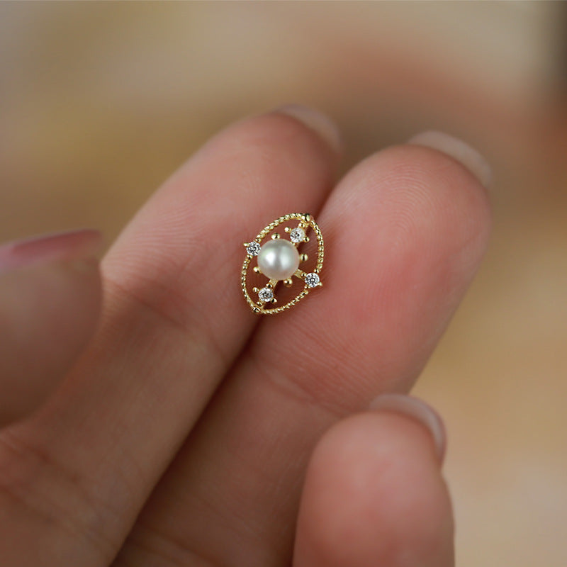 Sterling Silver Pearl & C/Z Stud Earrings 14K Yellow Gold Plated Earrings