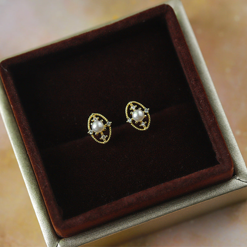 Sterling Silver Pearl & C/Z Stud Earrings 14K Yellow Gold Plated Earrings