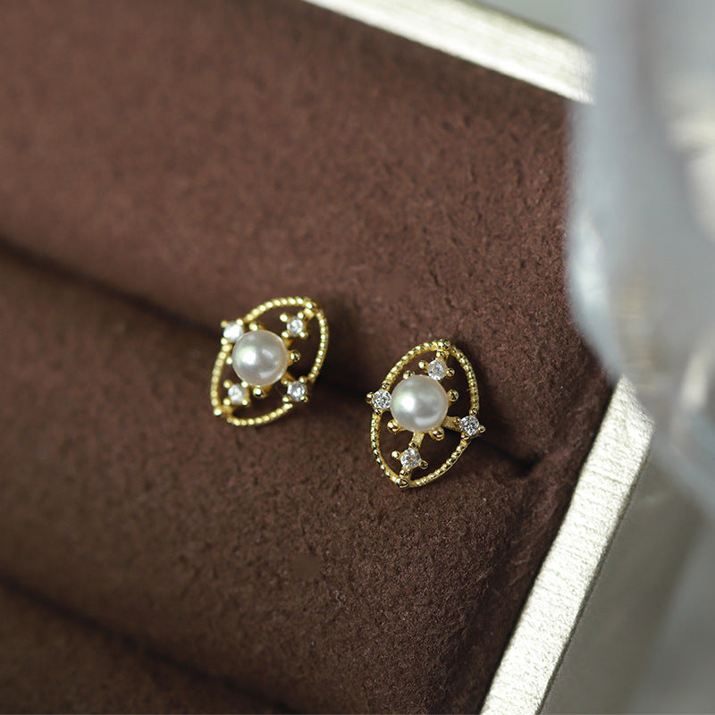 Sterling Silver Pearl & C/Z Stud Earrings 14K Yellow Gold Plated Earrings