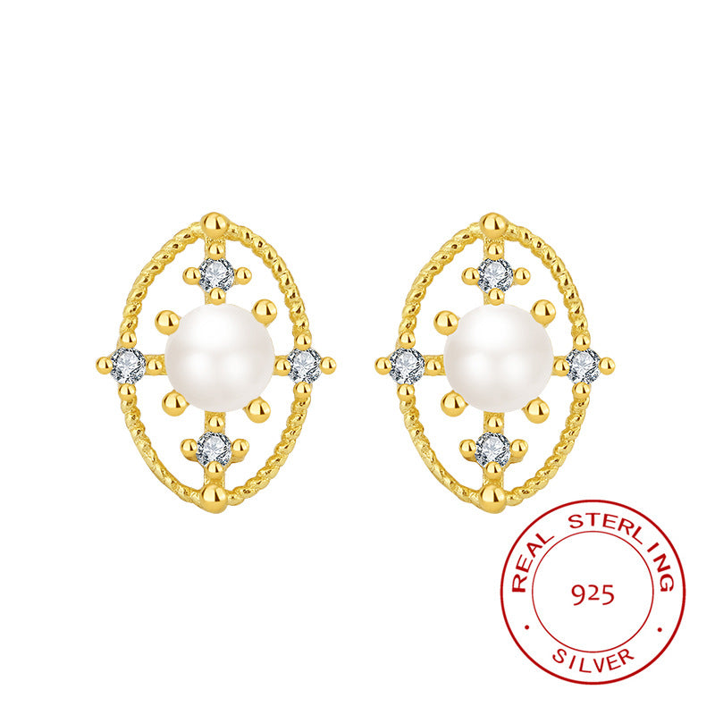 Sterling Silver Pearl & C/Z Stud Earrings 14K Yellow Gold Plated Earrings