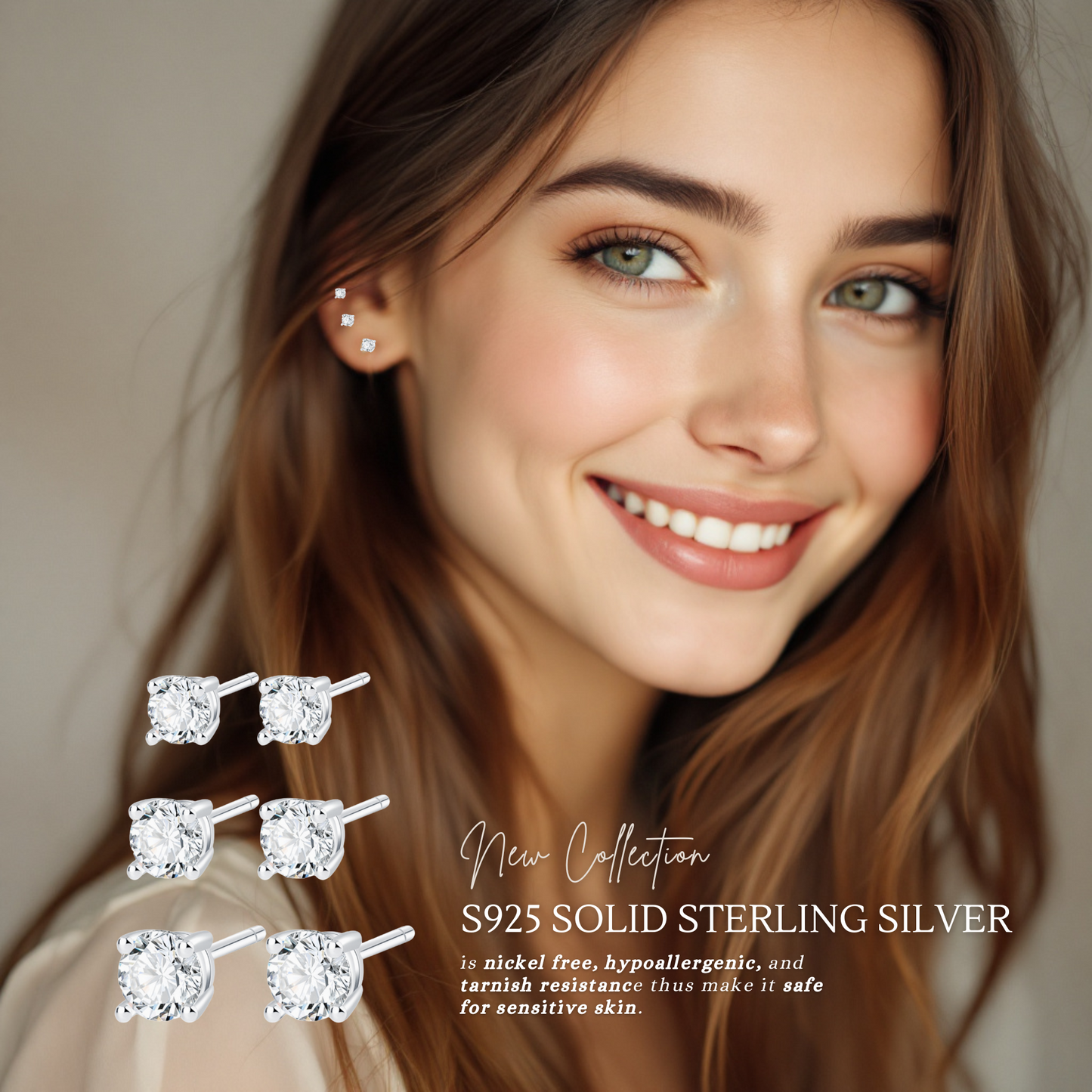 Sterling Silver Classic C/Z Stud Earrings Collection 3 Pairs 2.5mm 3mm 4mm