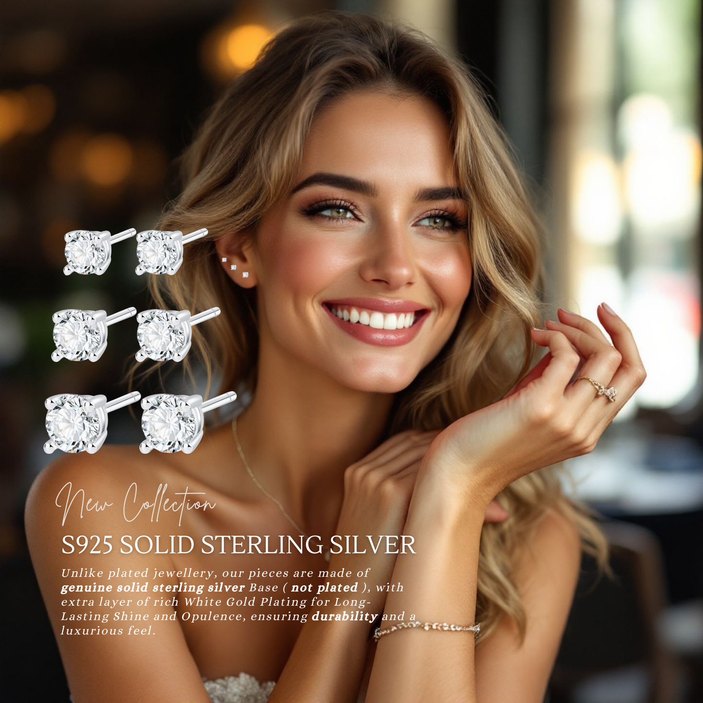 Sterling Silver Classic C/Z Stud Earrings Collection 3 Pairs 2.5mm 3mm 4mm
