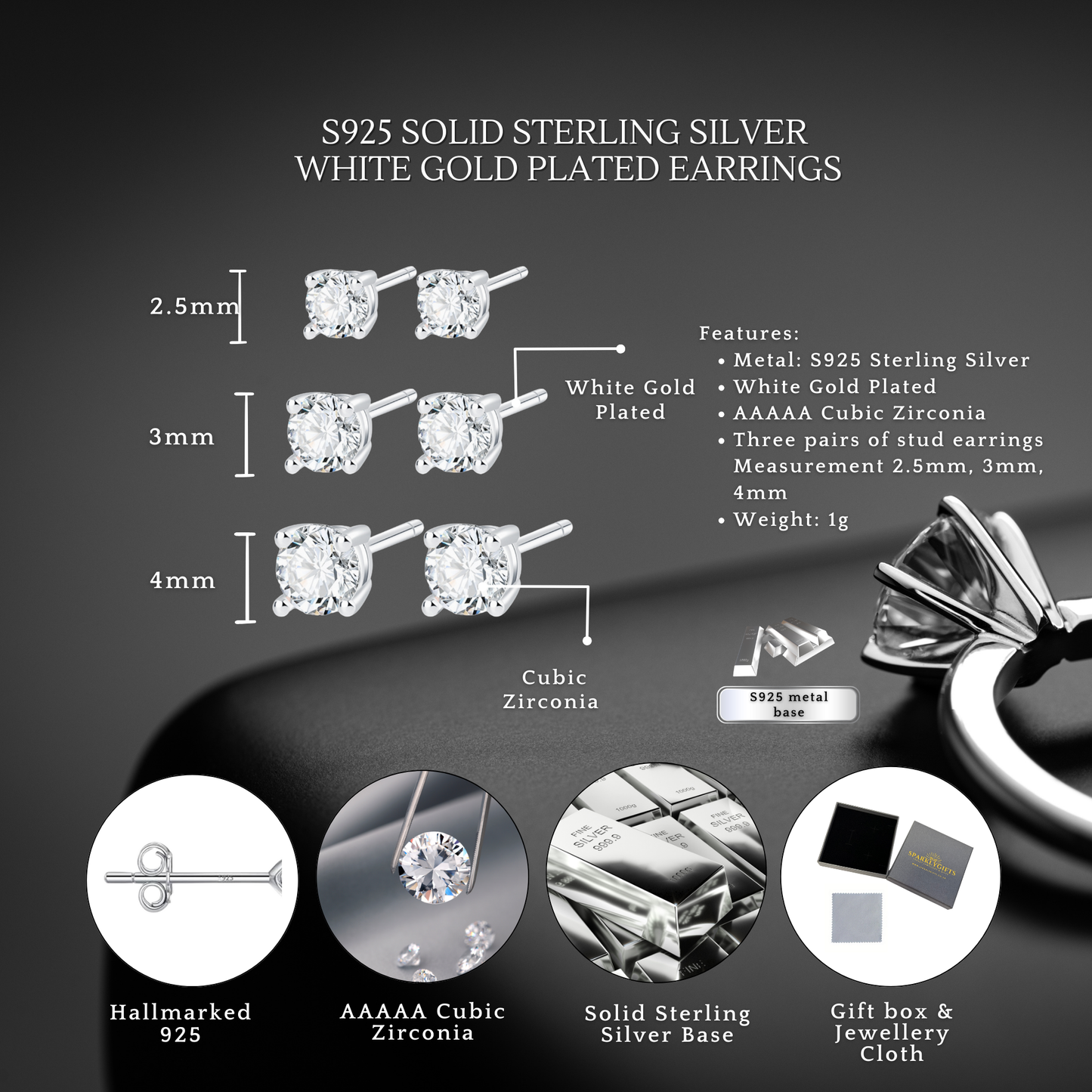 Sterling Silver Classic C/Z Stud Earrings Collection 3 Pairs 2.5mm 3mm 4mm