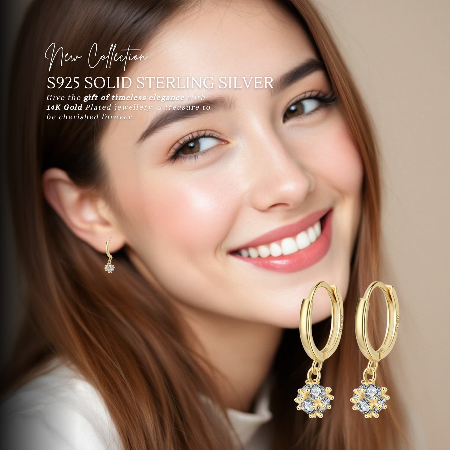 Sterling Silver Crystal Ball Huggies C/Z Earrings 14K Yellow Gold Plated Earrings