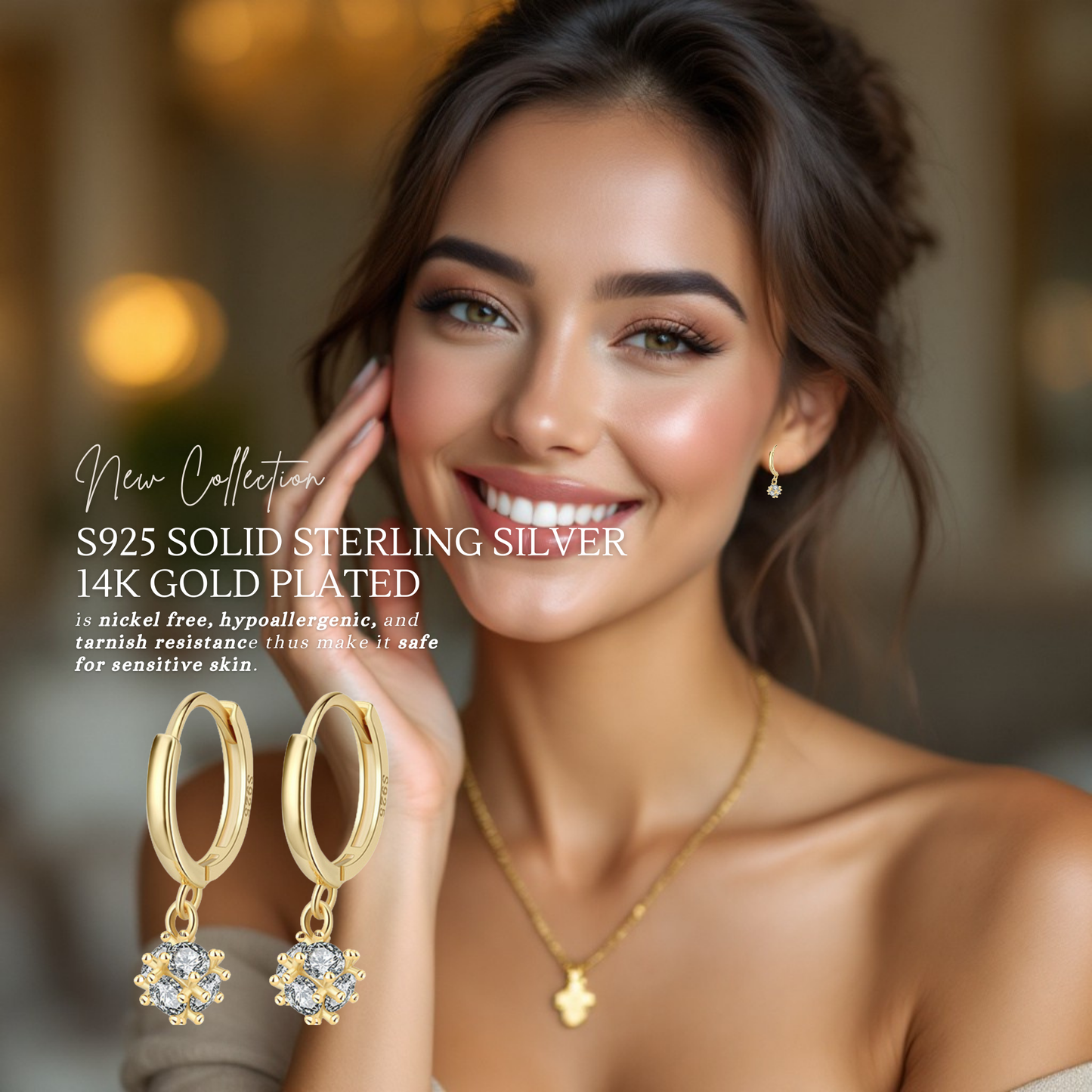 Sterling Silver Crystal Ball Huggies C/Z Earrings 14K Yellow Gold Plated Earrings
