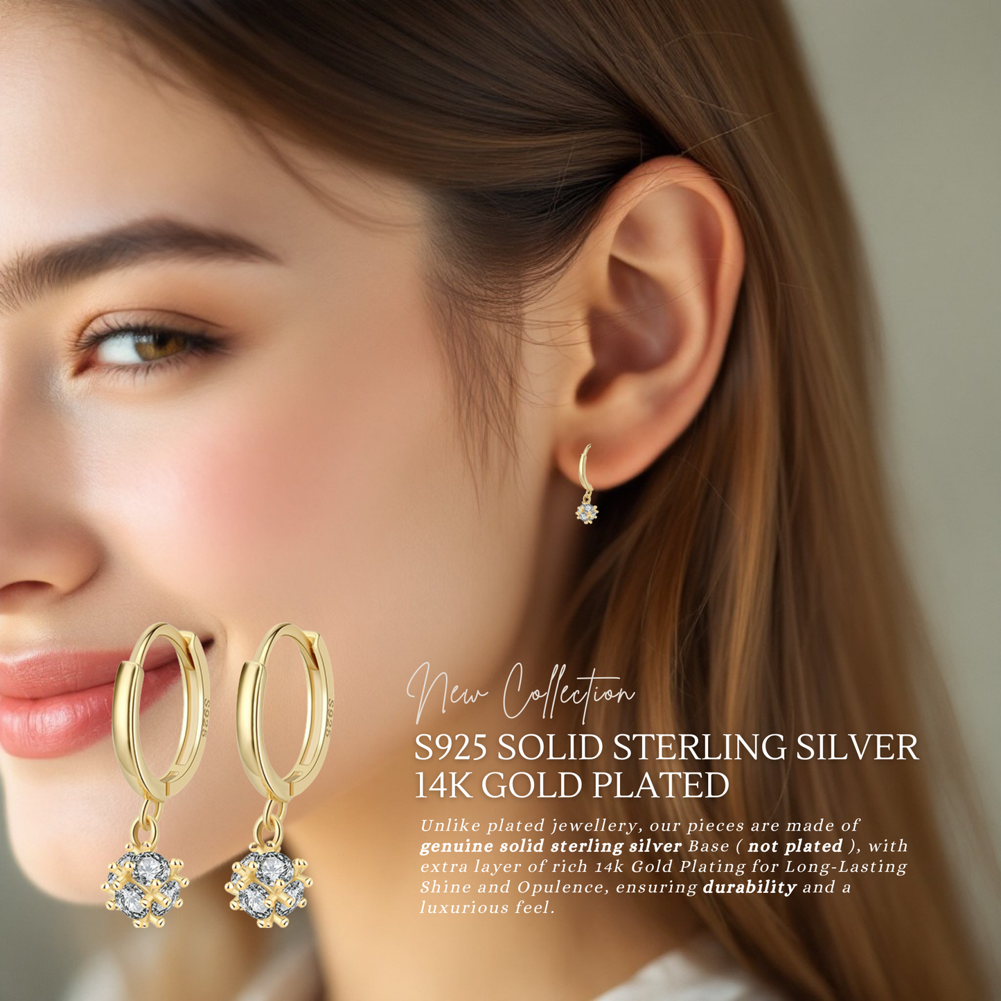 Sterling Silver Crystal Ball Huggies C/Z Earrings 14K Yellow Gold Plated Earrings