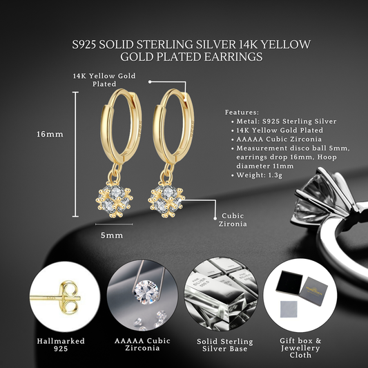 Sterling Silver Crystal Ball Huggies C/Z Earrings 14K Yellow Gold Plated Earrings