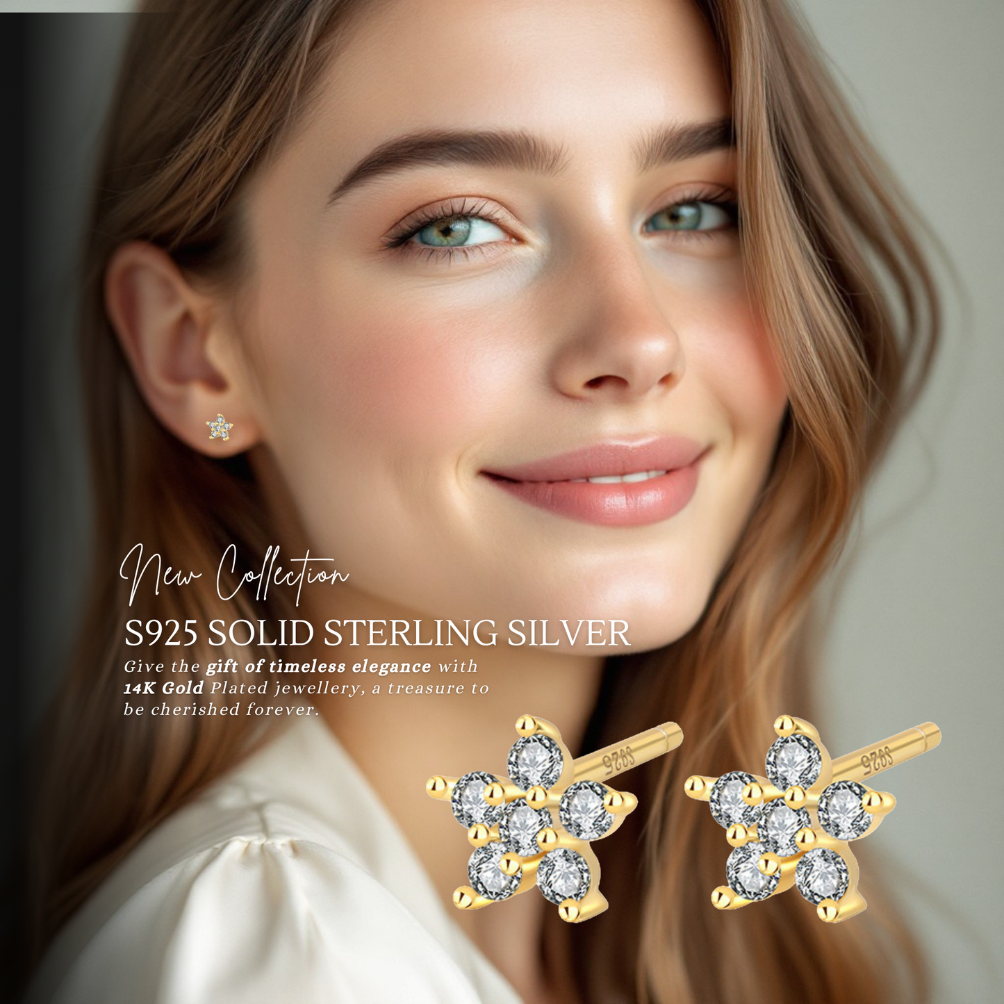 Sterling Silver Dainty Star C/Z Stud Earrings 14K Yellow Gold Plated Earrings