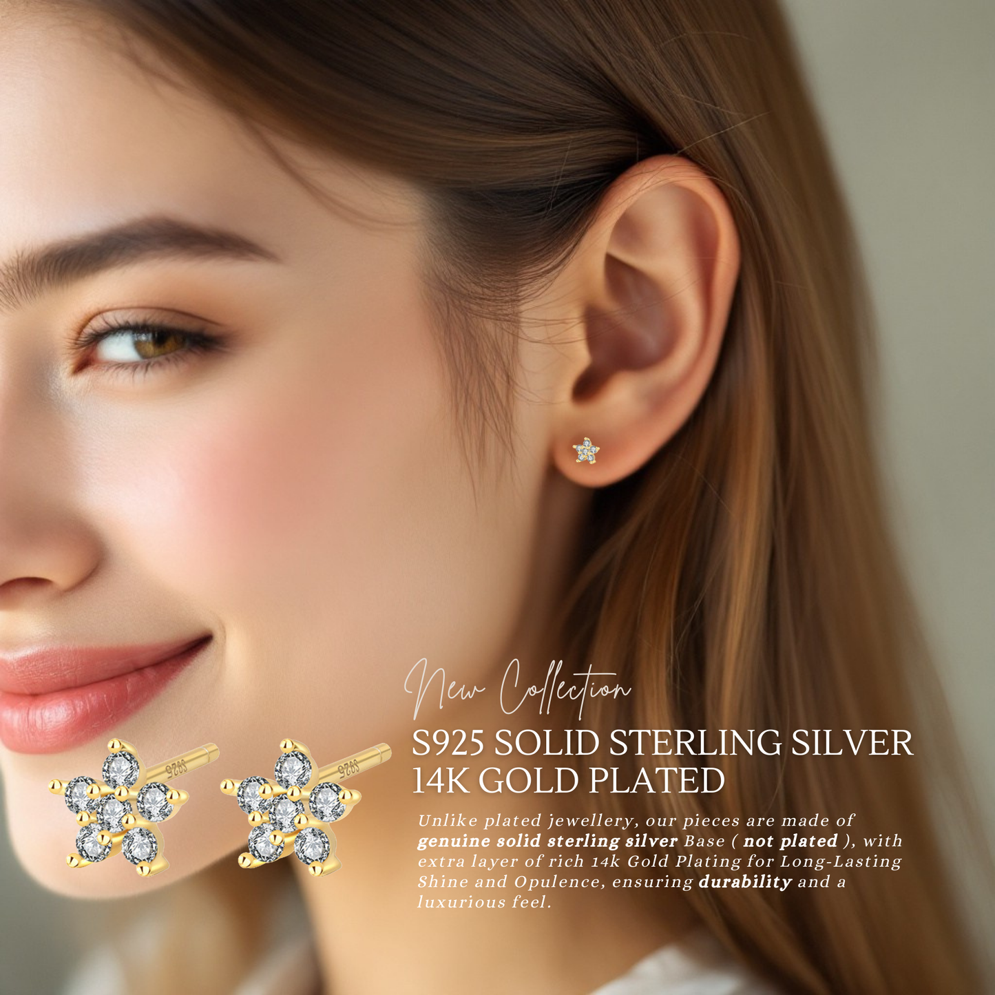 Sterling Silver Dainty Star C/Z Stud Earrings 14K Yellow Gold Plated Earrings