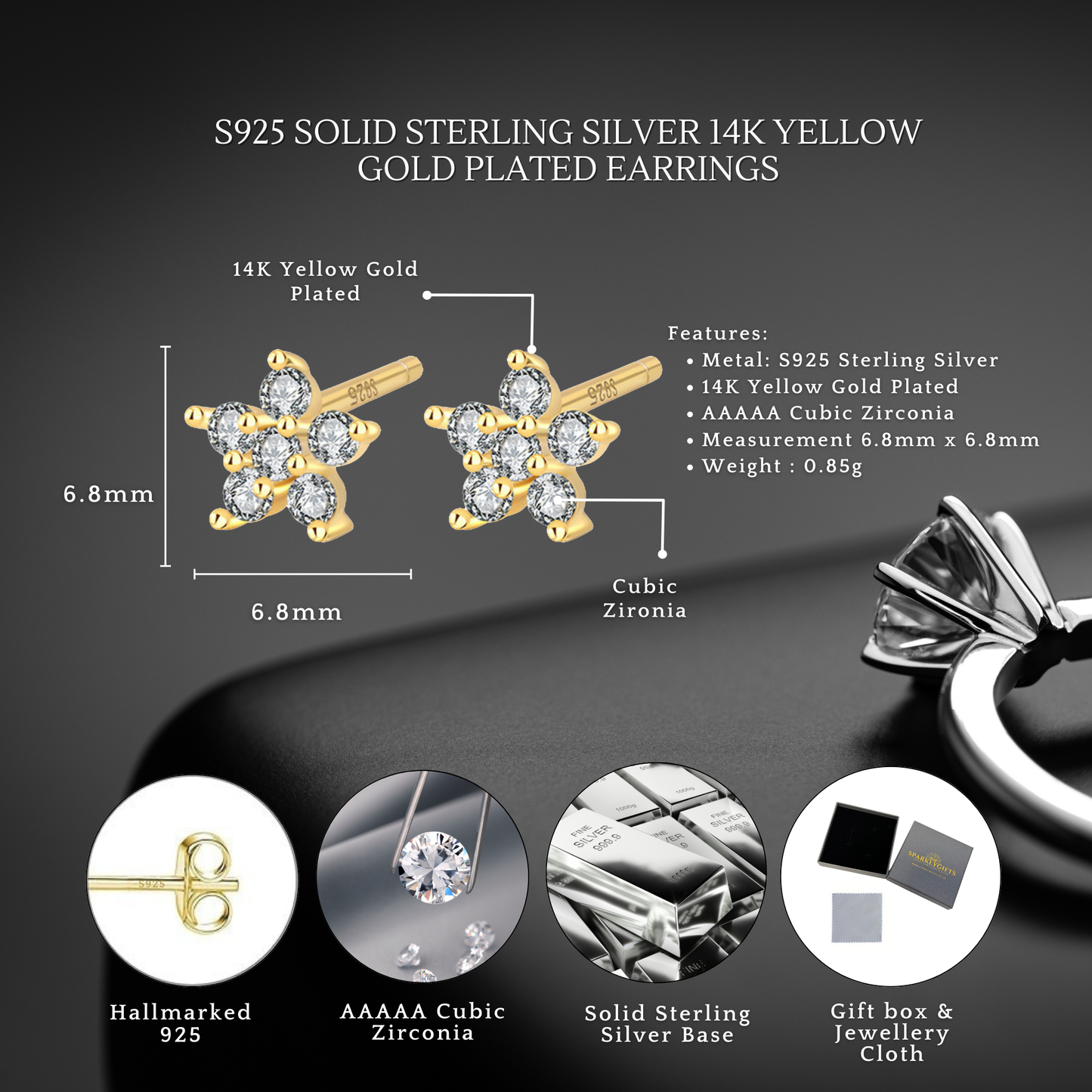 Sterling Silver Dainty Star C/Z Stud Earrings 14K Yellow Gold Plated Earrings