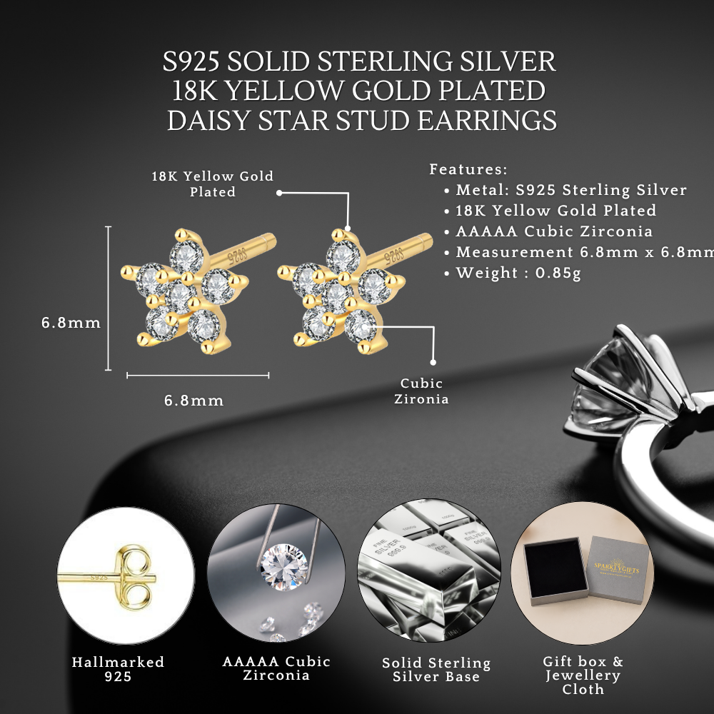 Sterling Silver Dainty Star C/Z Stud Earrings 18K Yellow Gold Plated Earrings