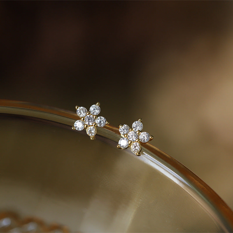 Sterling Silver Dainty Star C/Z Stud Earrings 14K Yellow Gold Plated Earrings