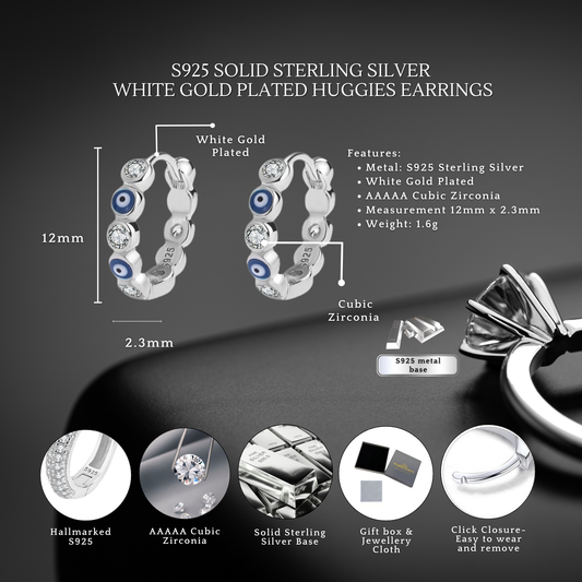 Sterling Silver Evil Eye Hoop CZ Huggie Earrings
