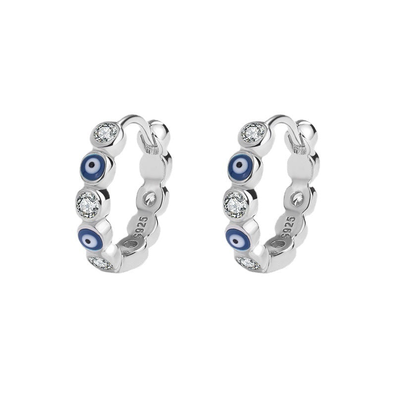 Sterling Silver Evil Eye Hoop CZ Huggie Earrings