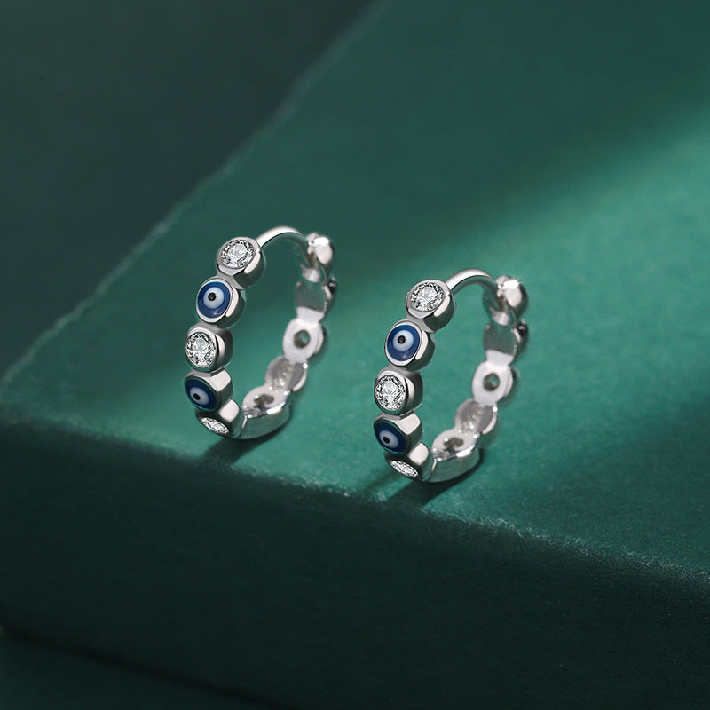 Sterling Silver Evil Eye Hoop CZ Huggie Earrings