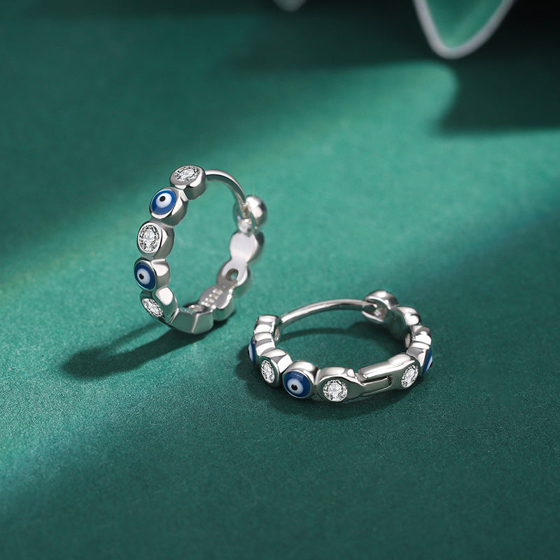 Sterling Silver Evil Eye Hoop CZ Huggie Earrings