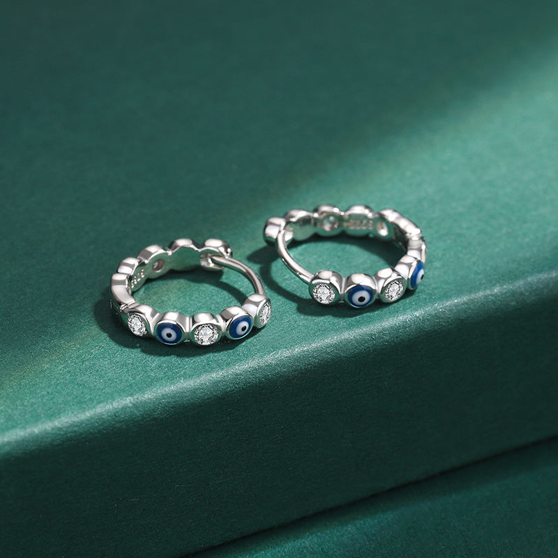 Sterling Silver Evil Eye Hoop CZ Huggie Earrings