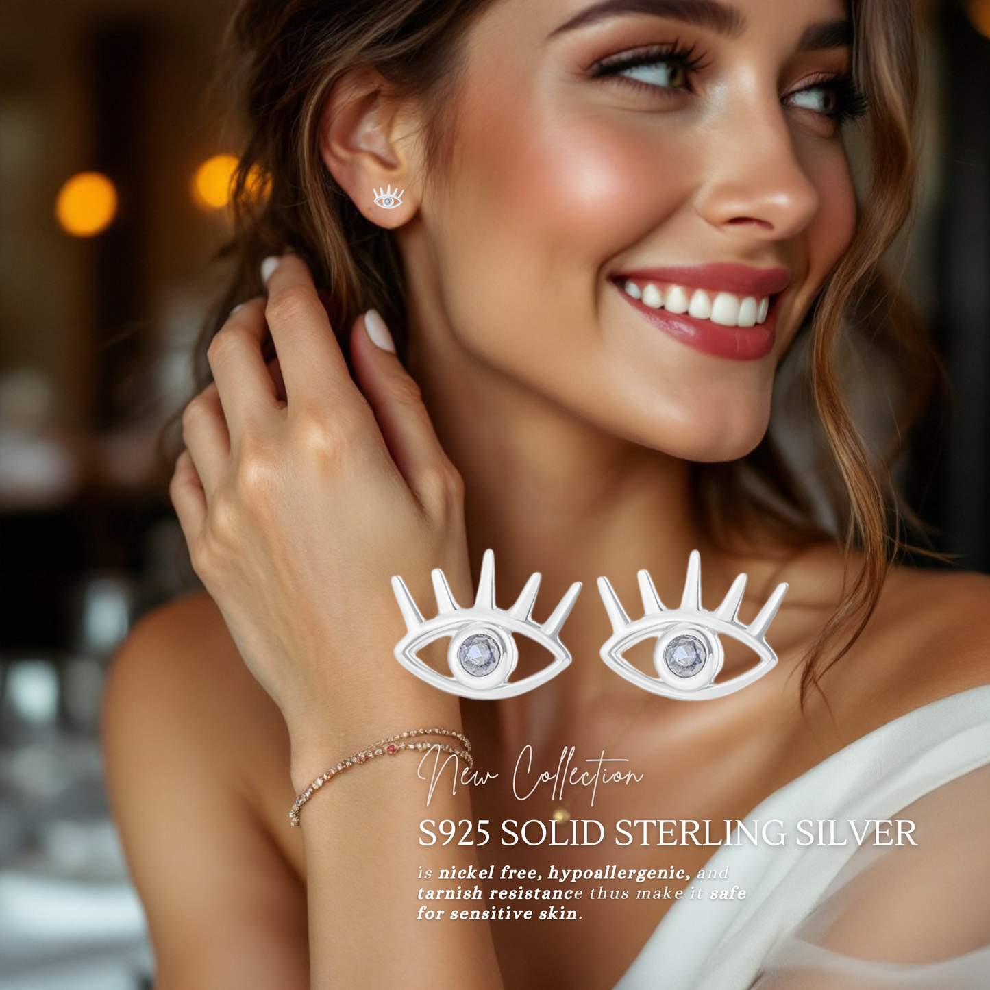 Sterling Silver Evil Eye Stud CZ Earrings