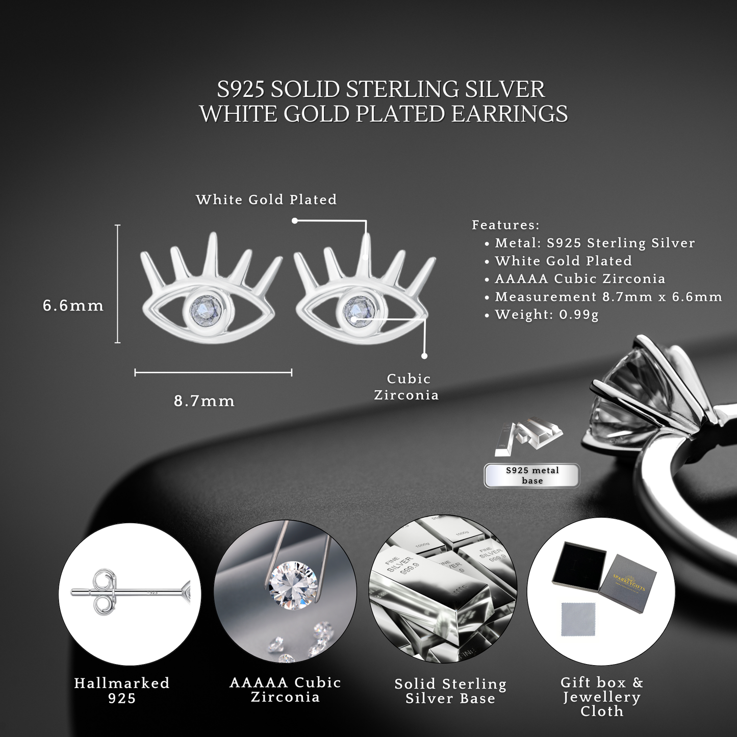 Sterling Silver Evil Eye Stud CZ Earrings