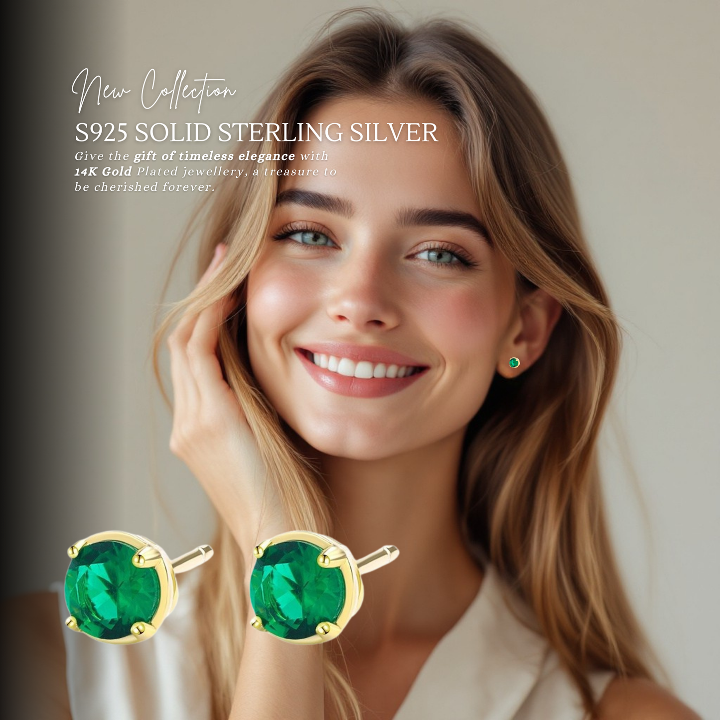S925 Sterling Silver Emerald CZ Stud Earrings 14K Yellow Gold Plated