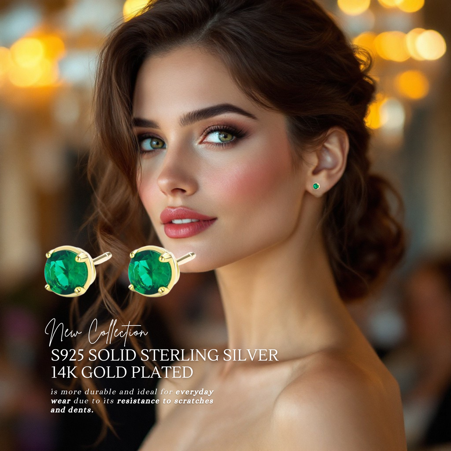 S925 Sterling Silver Emerald CZ Stud Earrings 14K Yellow Gold Plated