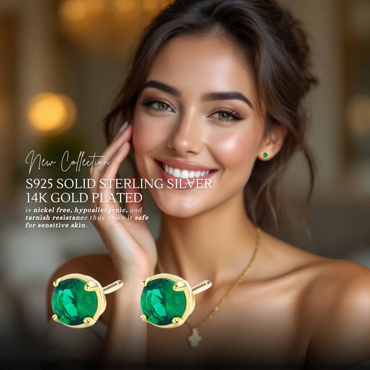 S925 Sterling Silver Emerald CZ Stud Earrings 14K Yellow Gold Plated
