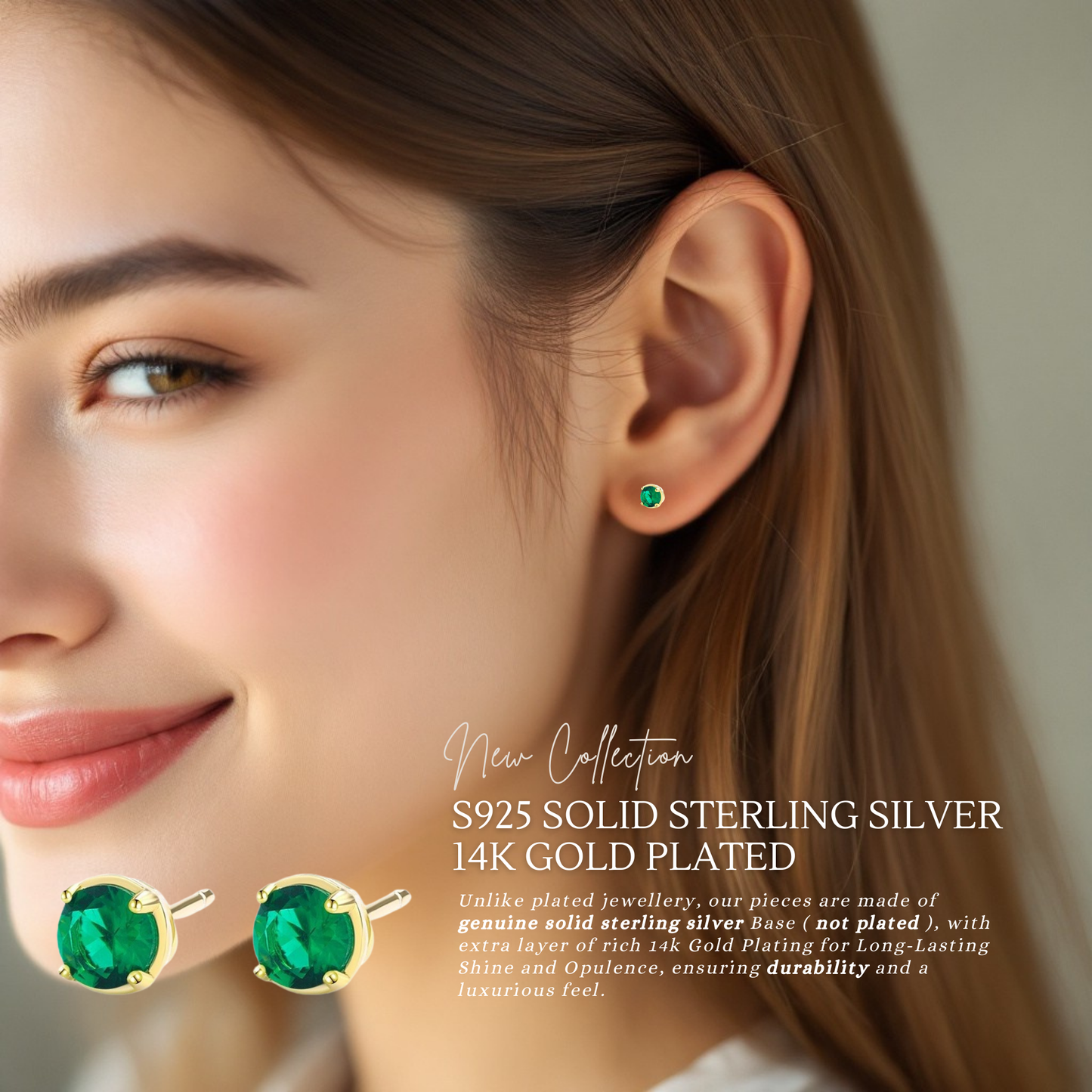 S925 Sterling Silver Emerald CZ Stud Earrings 14K Yellow Gold Plated
