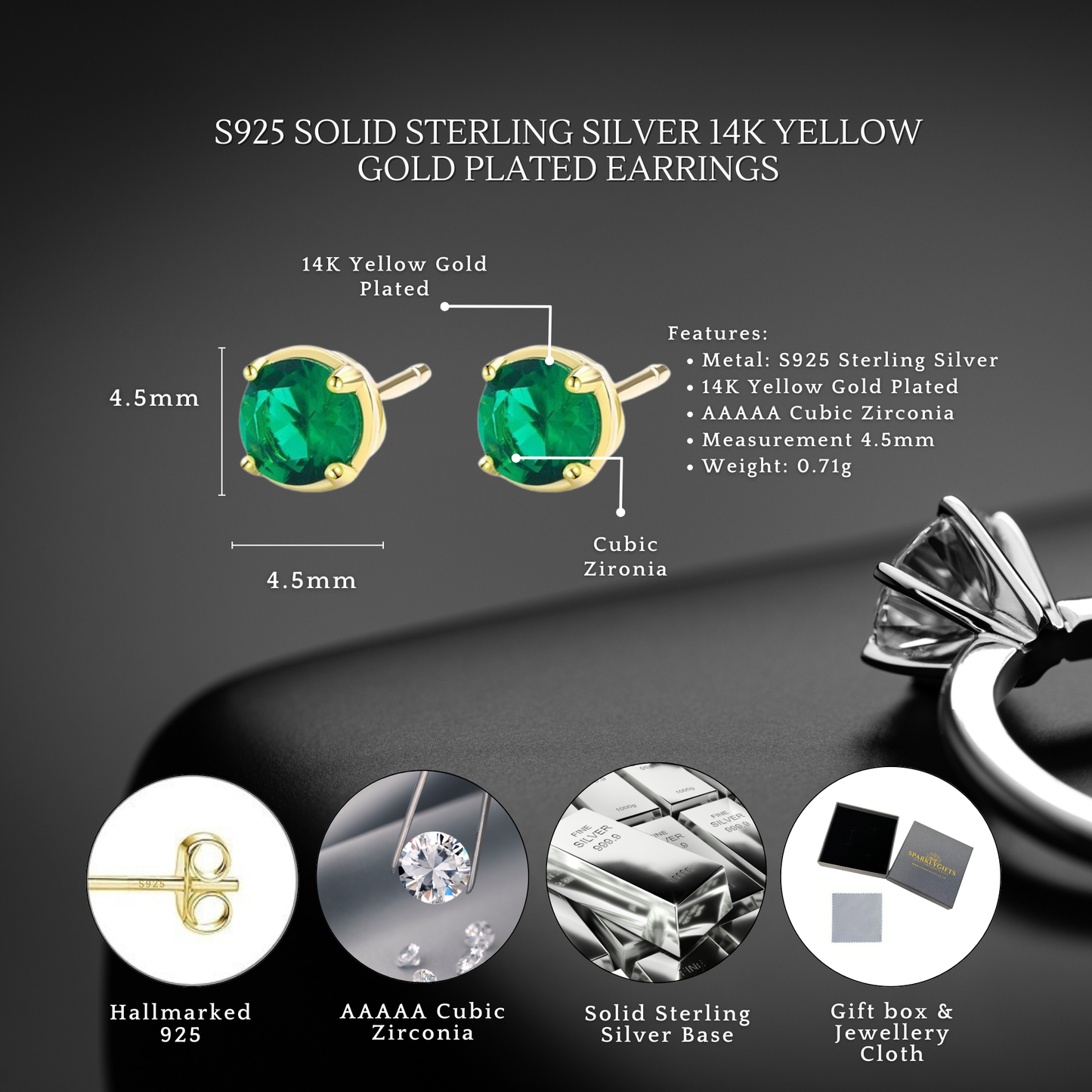 S925 Sterling Silver Emerald CZ Stud Earrings 14K Yellow Gold Plated