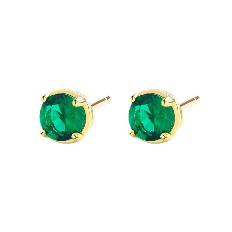 S925 Sterling Silver Emerald CZ Stud Earrings 14K Yellow Gold Plated