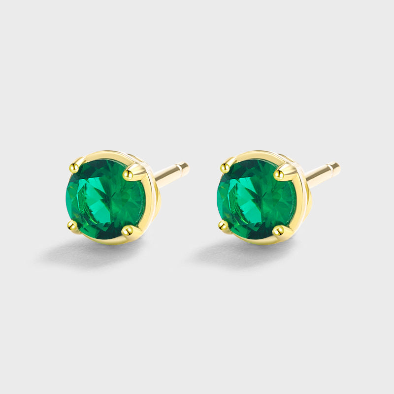 S925 Sterling Silver Emerald CZ Stud Earrings 14K Yellow Gold Plated