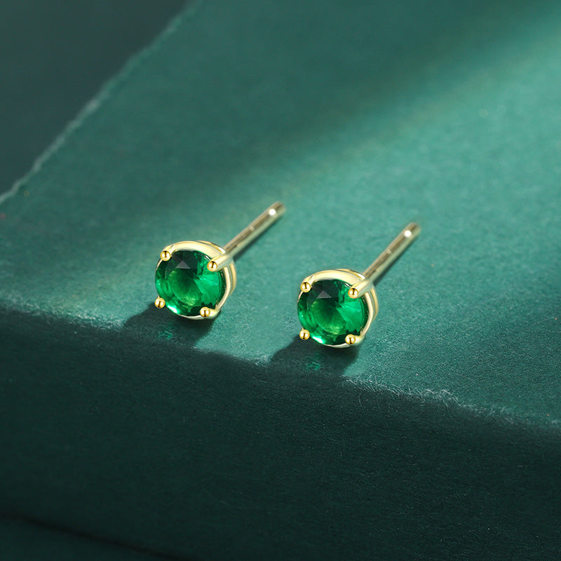 S925 Sterling Silver Emerald CZ Stud Earrings 14K Yellow Gold Plated