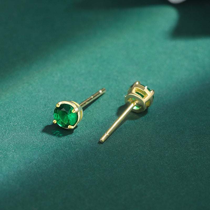 S925 Sterling Silver Emerald CZ Stud Earrings 14K Yellow Gold Plated