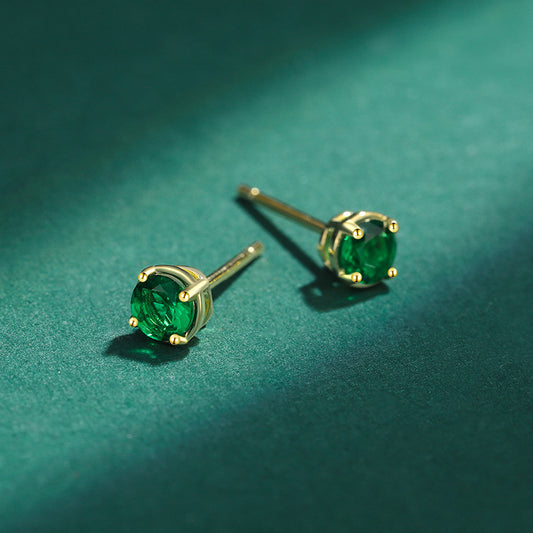S925 Sterling Silver Emerald CZ Stud Earrings 14K Yellow Gold Plated