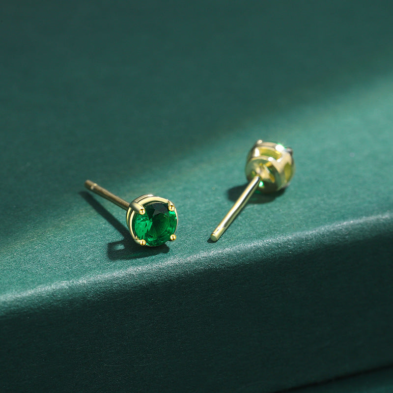 S925 Sterling Silver Emerald CZ Stud Earrings 14K Yellow Gold Plated
