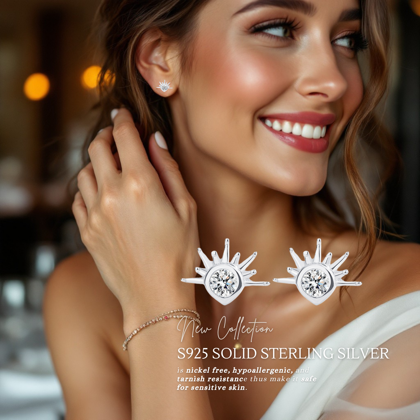 Sterling Silver Sunburst CZ Stud Earrings