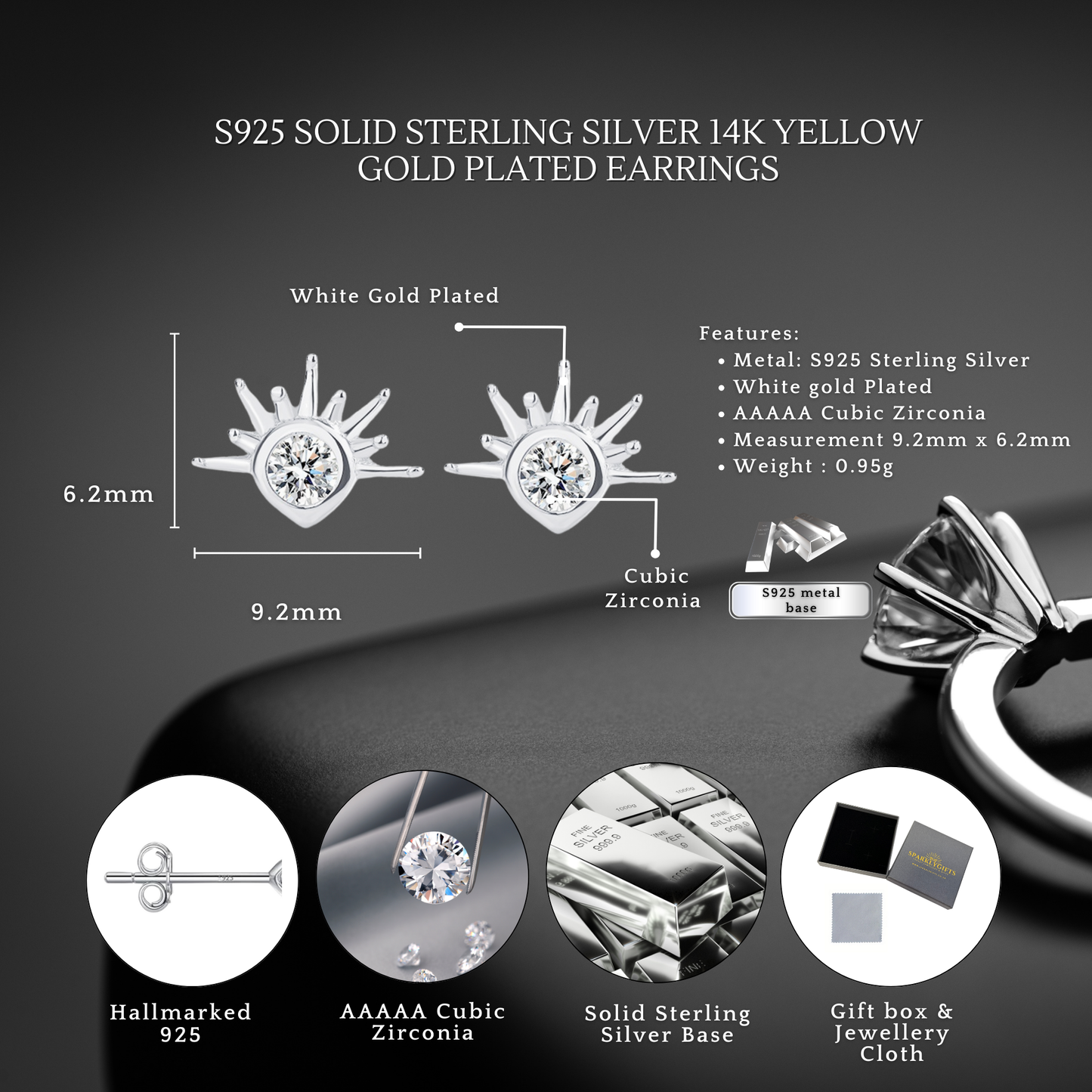 Sterling Silver Sunburst CZ Stud Earrings