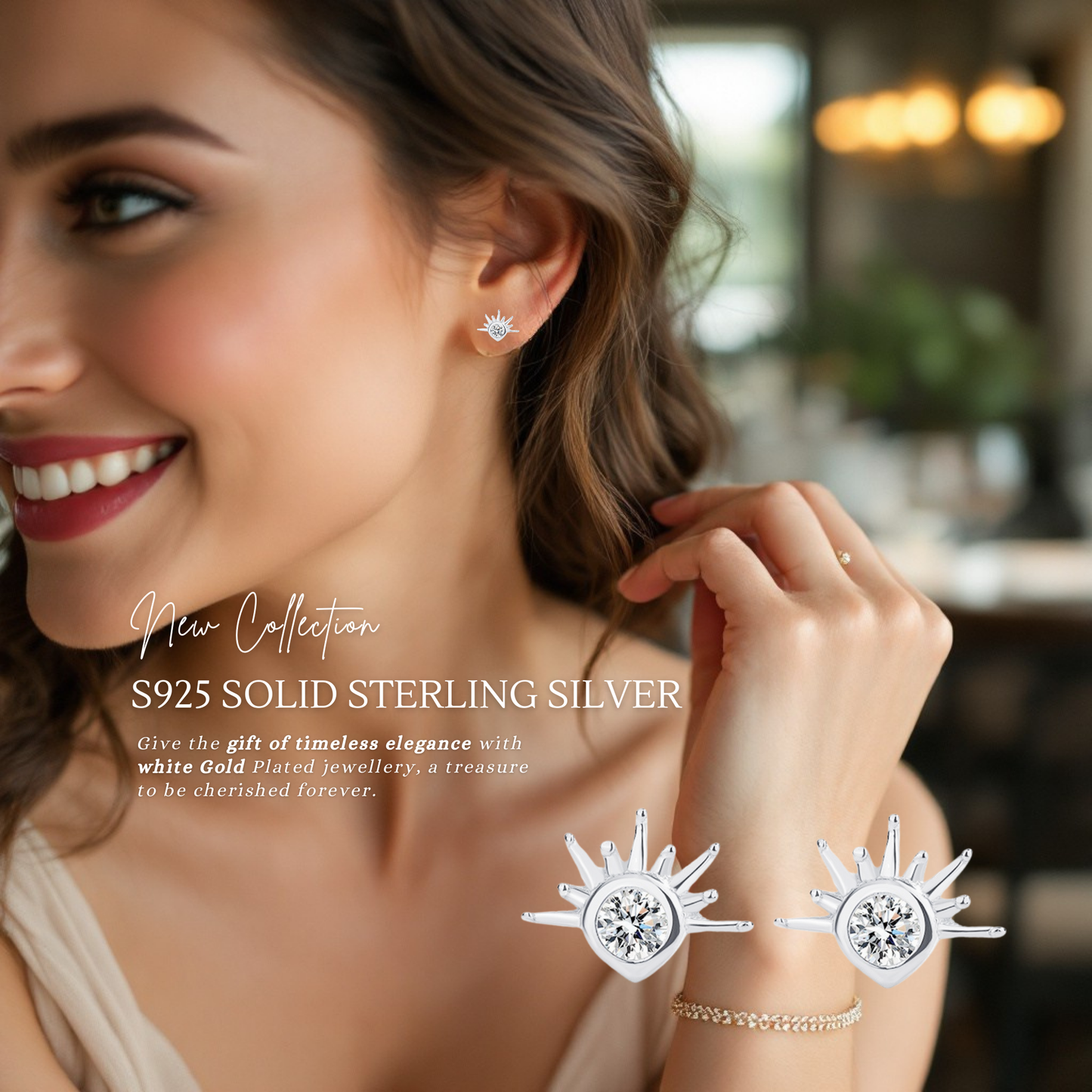 Sterling Silver Sunburst CZ Stud Earrings