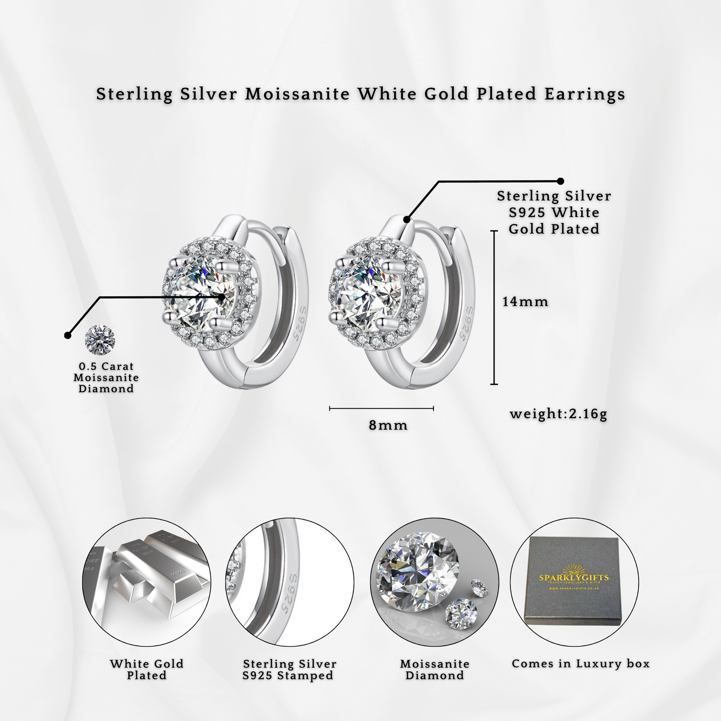 Sterling Silver Moissanite Halo 0.5 carat Huggie Earrings