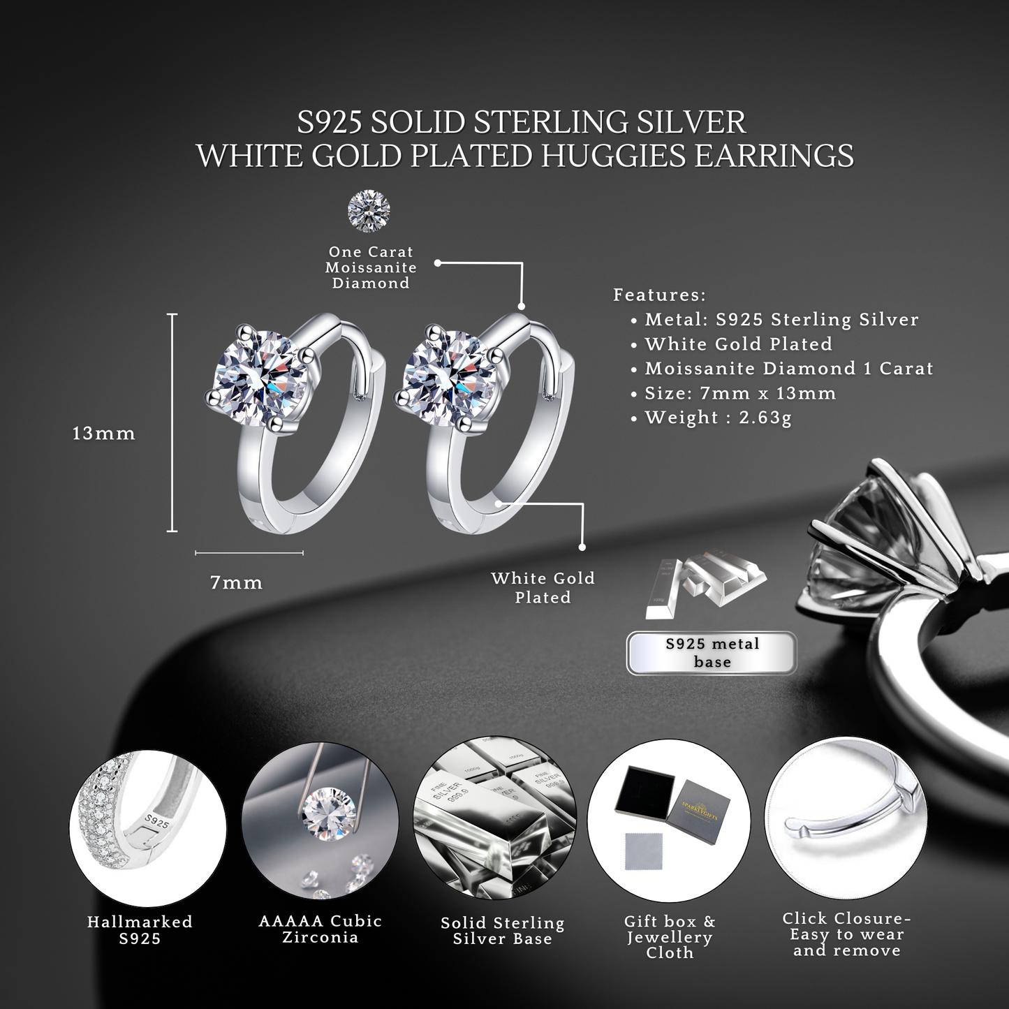 Sterling Silver Moissanite Solitaire 1 Carat Diamond Huggie Earrings