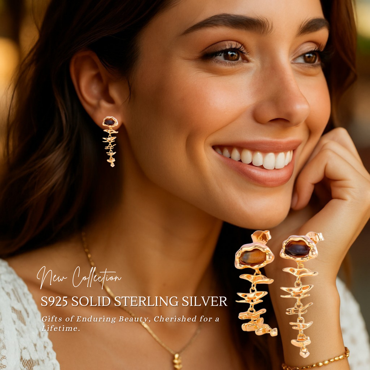 S925 Sterling Silver Golden Tiger's Eye Dangles