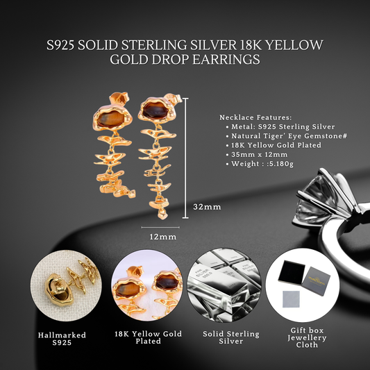 S925 Sterling Silver Golden Tiger's Eye Dangles