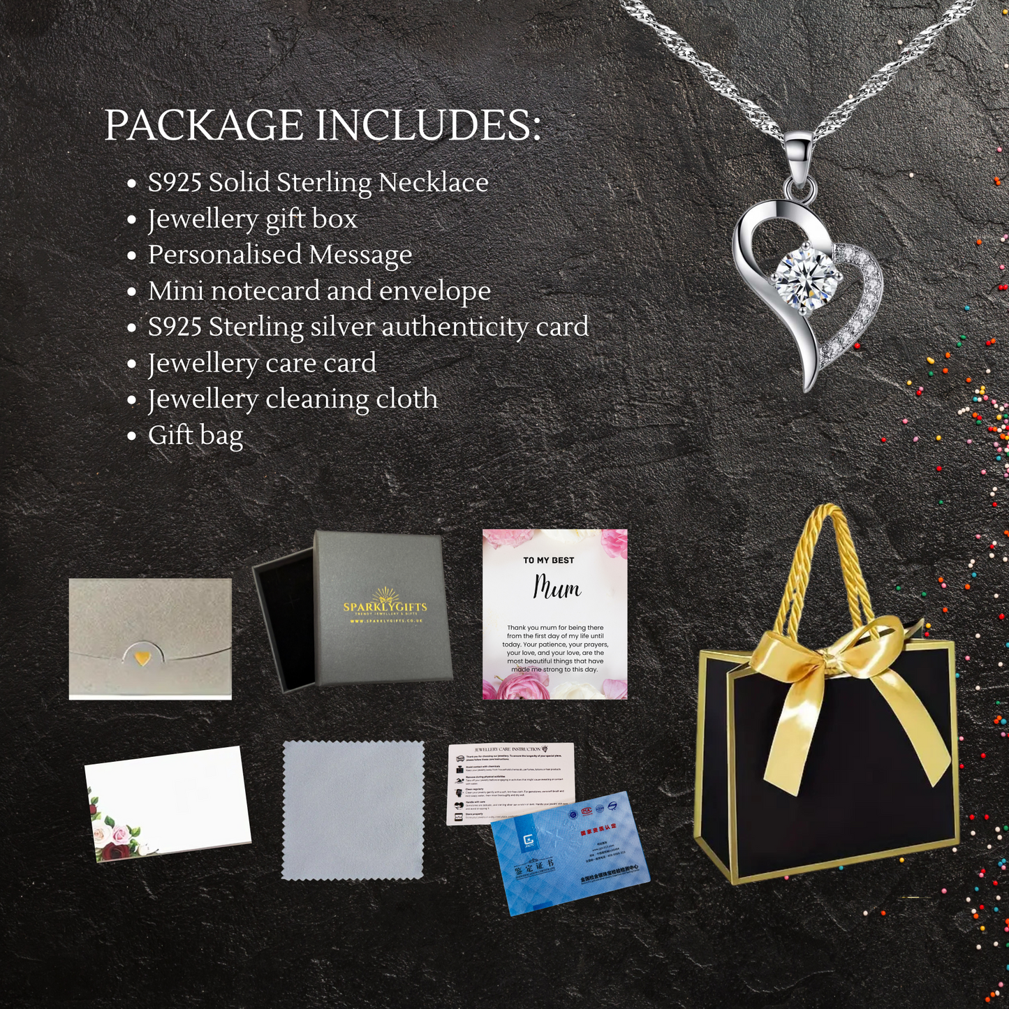 S925 Sterling Silver Heart C/Z Pendant Necklace with Message Card For Mum