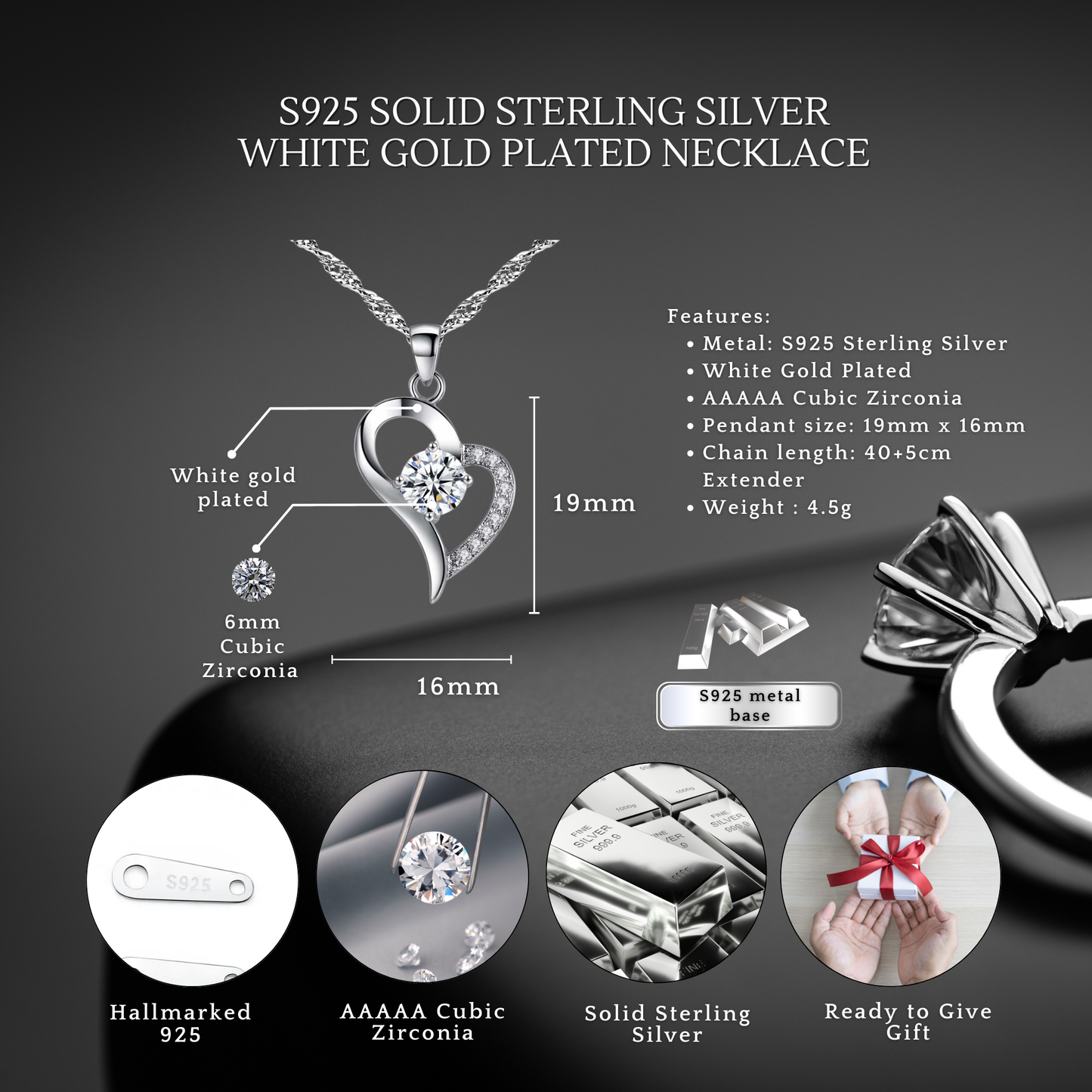 S925 Sterling Silver Heart C/Z Pendant Necklace with Message Card For Niece