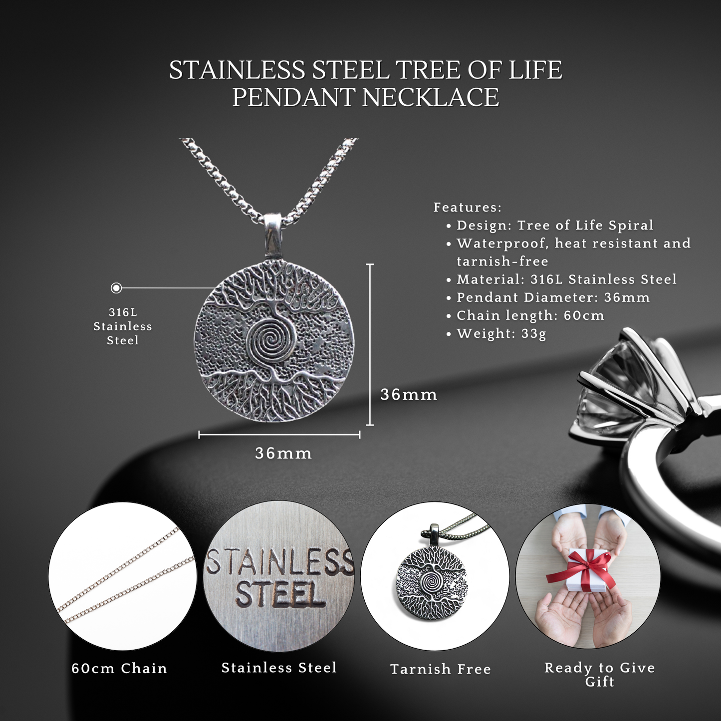 316L Stainless Steel Tree of Life Necklace for Brother with Personalised Message