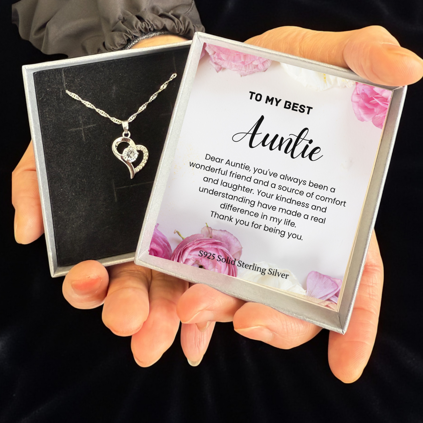S925 Sterling Silver Heart C/Z Pendant Necklace with Message Card For Auntie