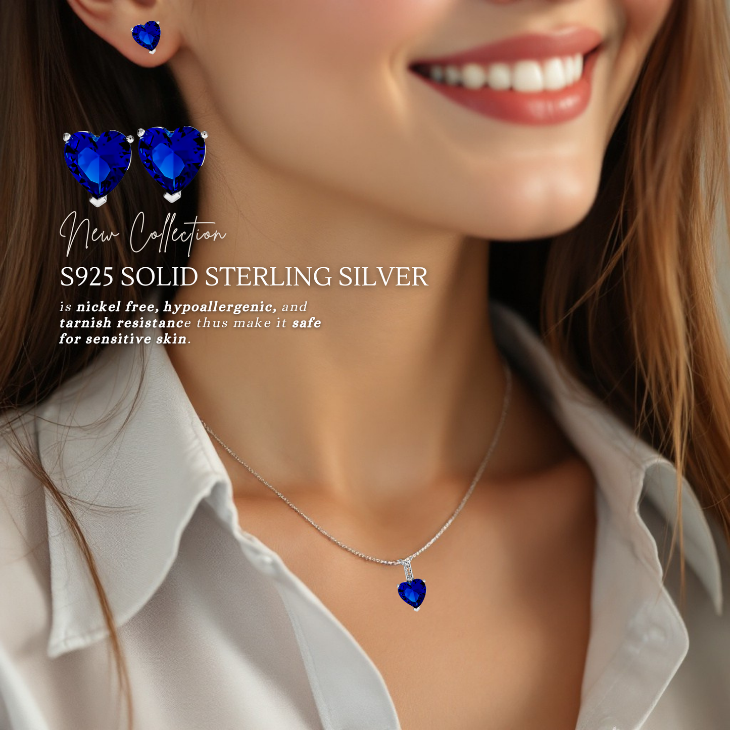 Sterling Silver Heart Zircon Pendant Necklace & Stud Earrings Set