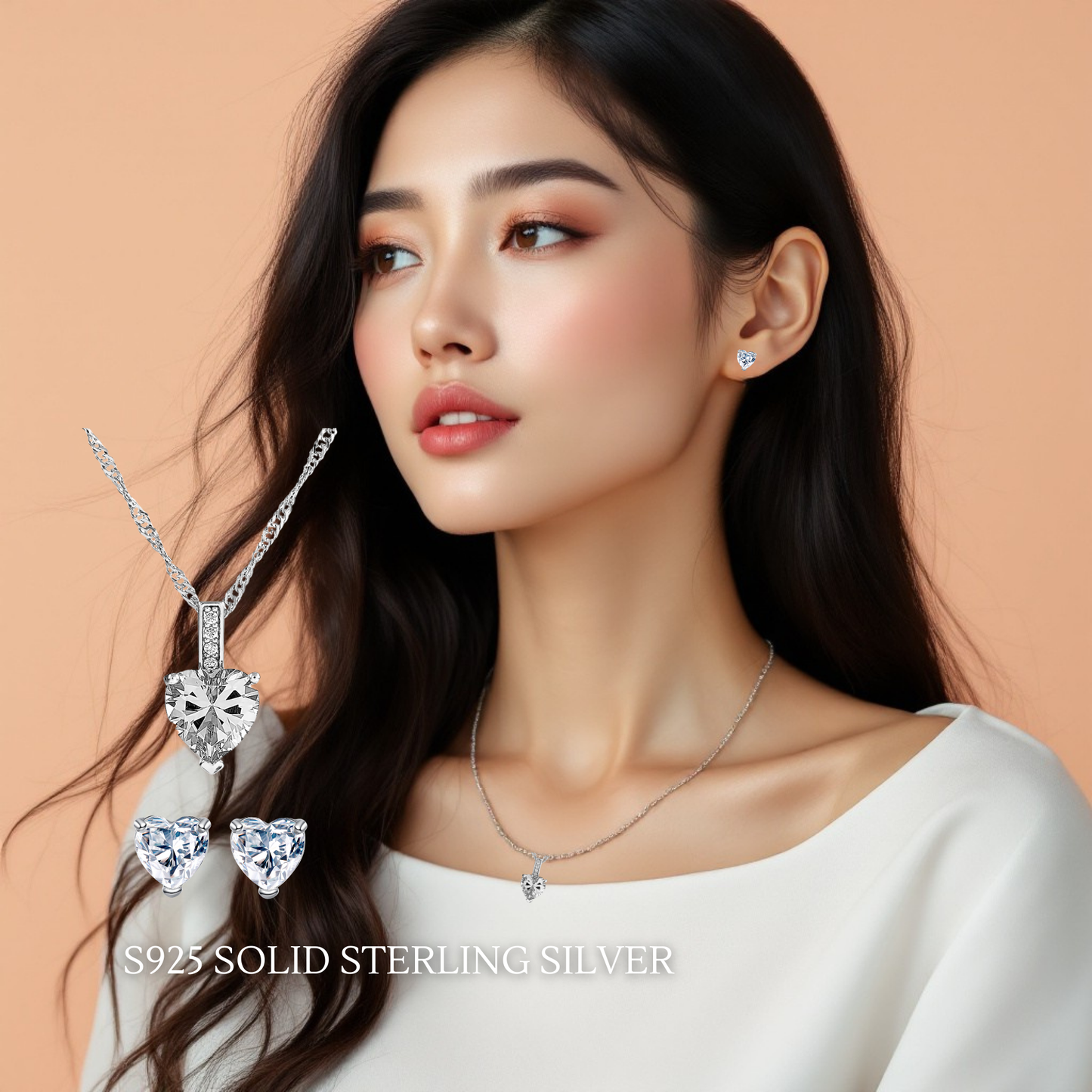 Sterling Silver Heart Zircon Pendant Necklace & Stud Earrings Set