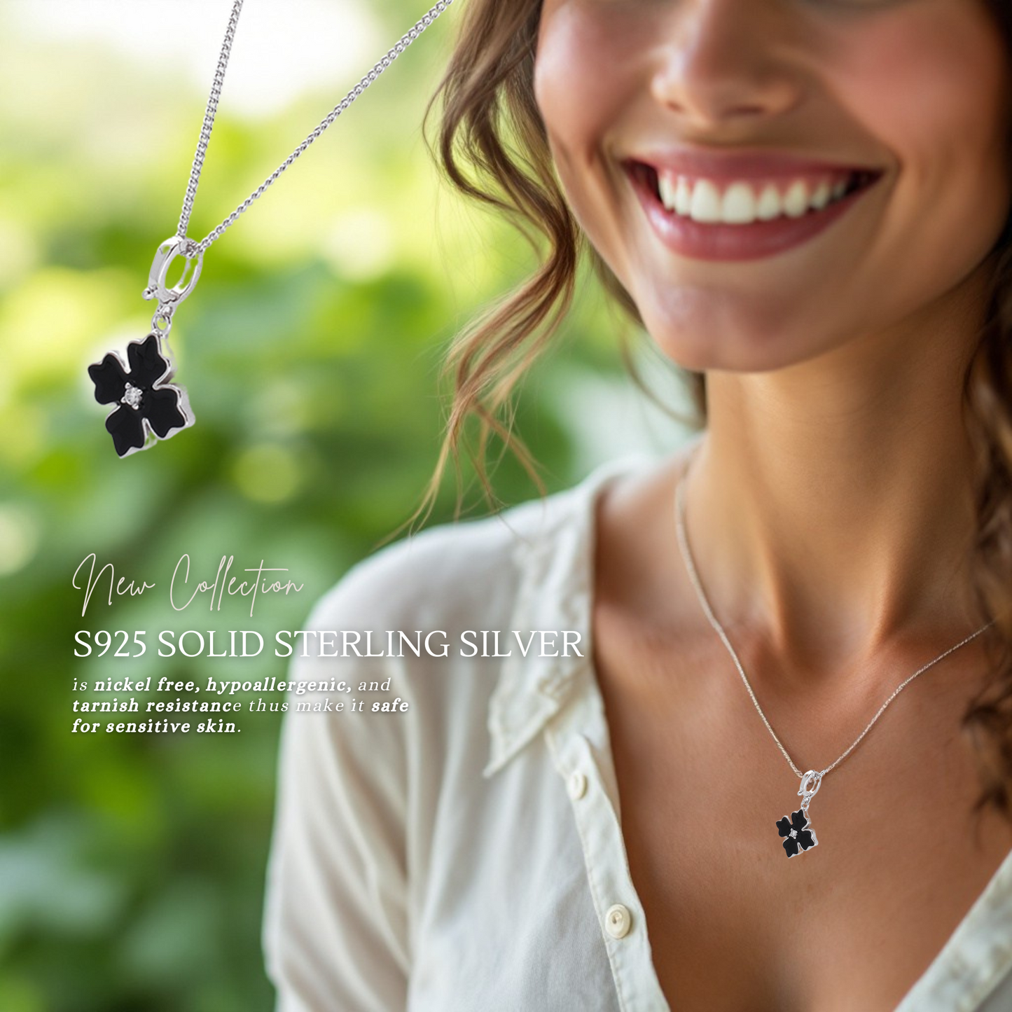 Sterling Silver Apotie Black Cléo Blossom Clover Pendant Necklace S925 Hallmark