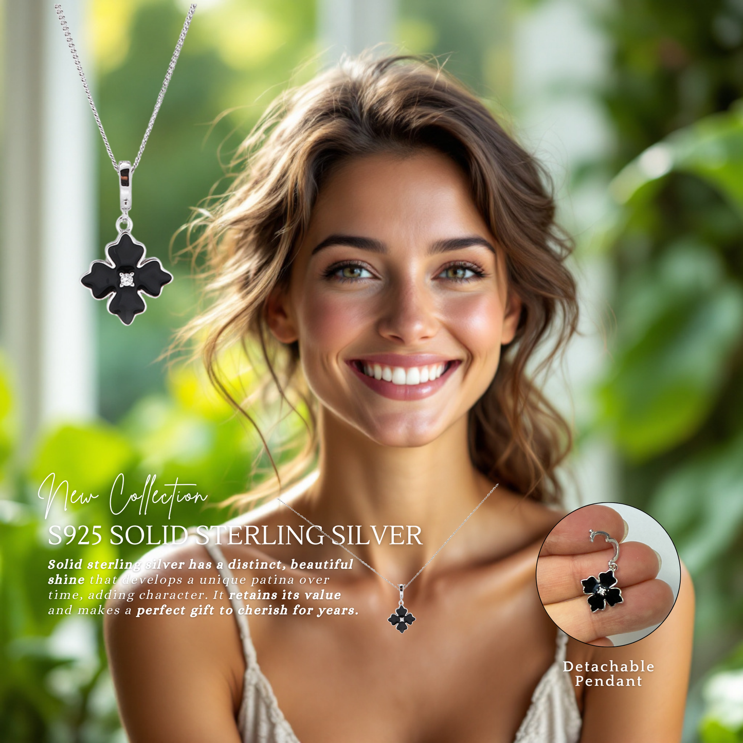 Sterling Silver Apotie Black Cléo Blossom Clover Pendant Necklace S925 Hallmark